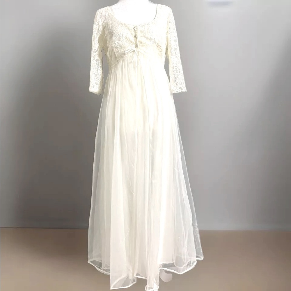 Vintage Ivory Lace Sheer Chiffon Nightgown 2 Pc Maxi Dress Bridal Lingerie SZ 34